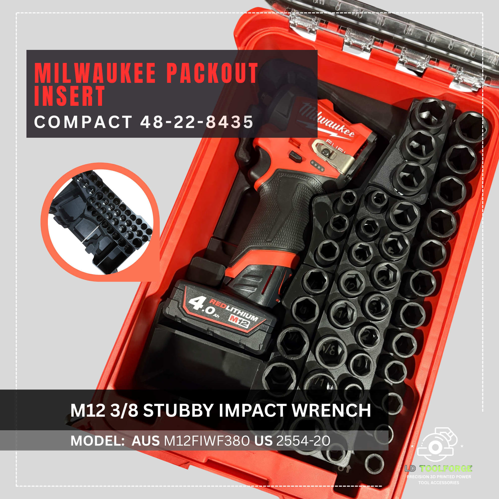 Milwaukee Packout M12 3/8 Stubby Impact Wrench Insert | Tool AUS M12FIWF380 US 2554-20 [INSERT ONLY]