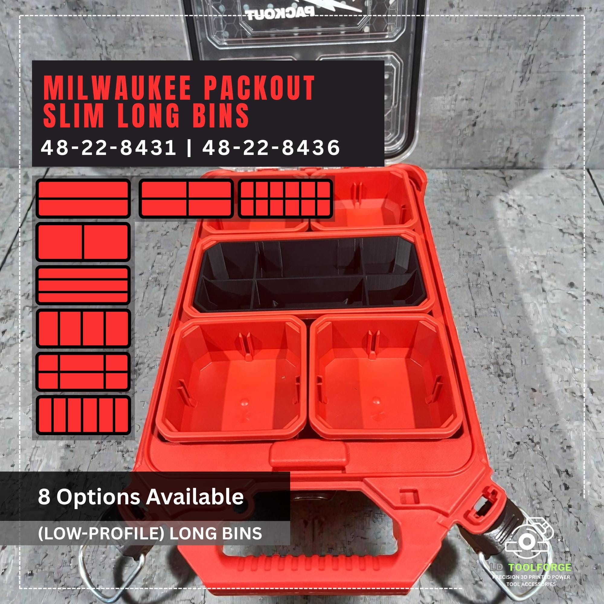 Long Bins for Milwaukee Low-Profile Compact Organiser  | Bins for 48-22-8431 & 48-22-8436 | Packout Storage Upgrades
