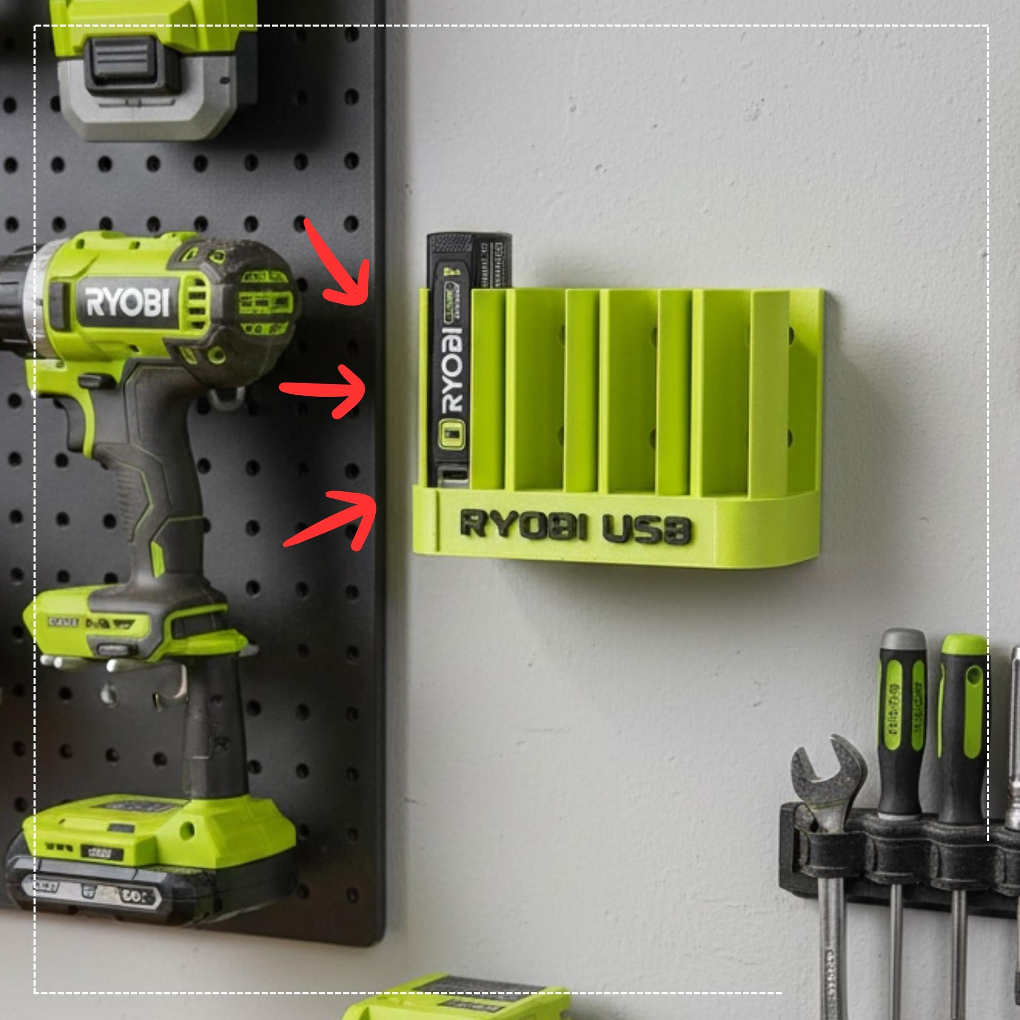 3D Printed Ryobi 4V USB Lithium Battery Holder Wall Mount | 2 3 4 5 6 Slot Options | Compatible with Ryobi Power Cells