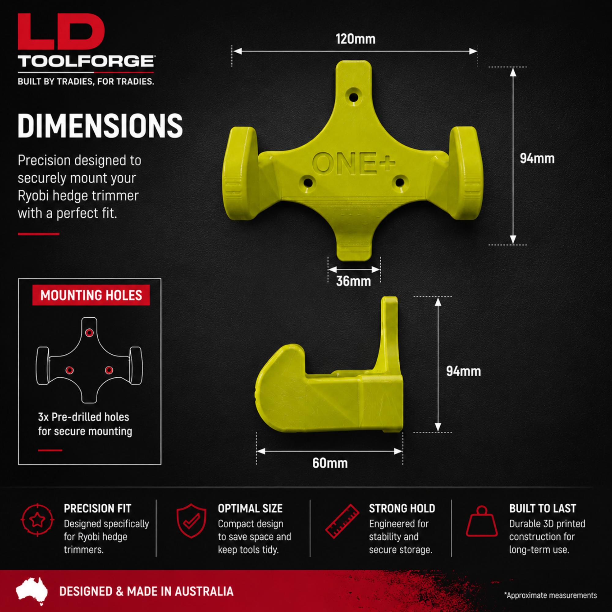 LD ToolForge Hedge Trimmer Wall Mount Compatible with Ryobi ONE+® Hedge Trimmers – Garage & Workshop Storage Holder – Australian Made