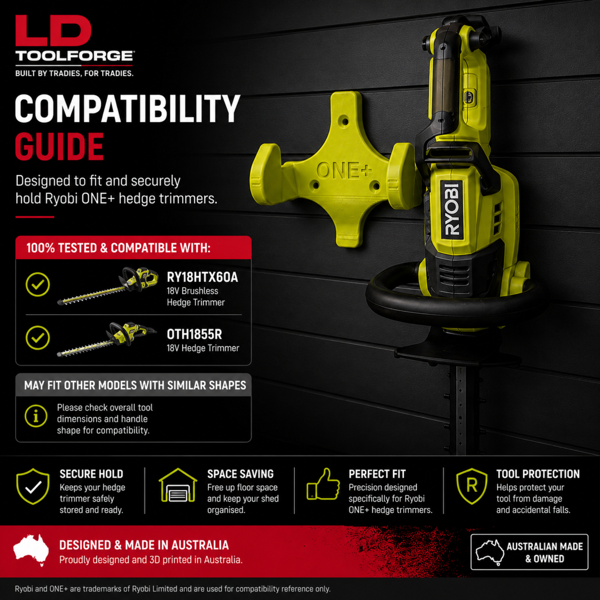 LD ToolForge Hedge Trimmer Wall Mount Compatible with Ryobi ONE+® Hedge Trimmers – Garage & Workshop Storage Holder – Australian Made