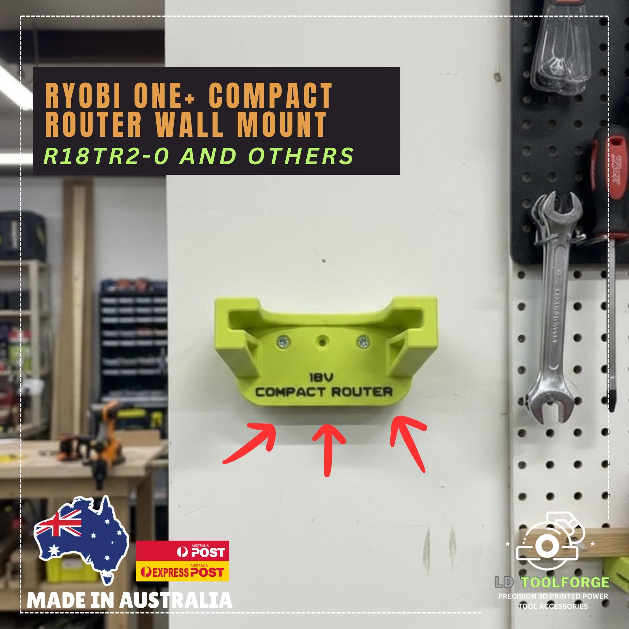 Ryobi One+ Compact Router Wall Mount | LD ToolForge | 3D Printed Holder | Ryobi Compact Router | Ryobi Storage and Tools | Garage Organiser