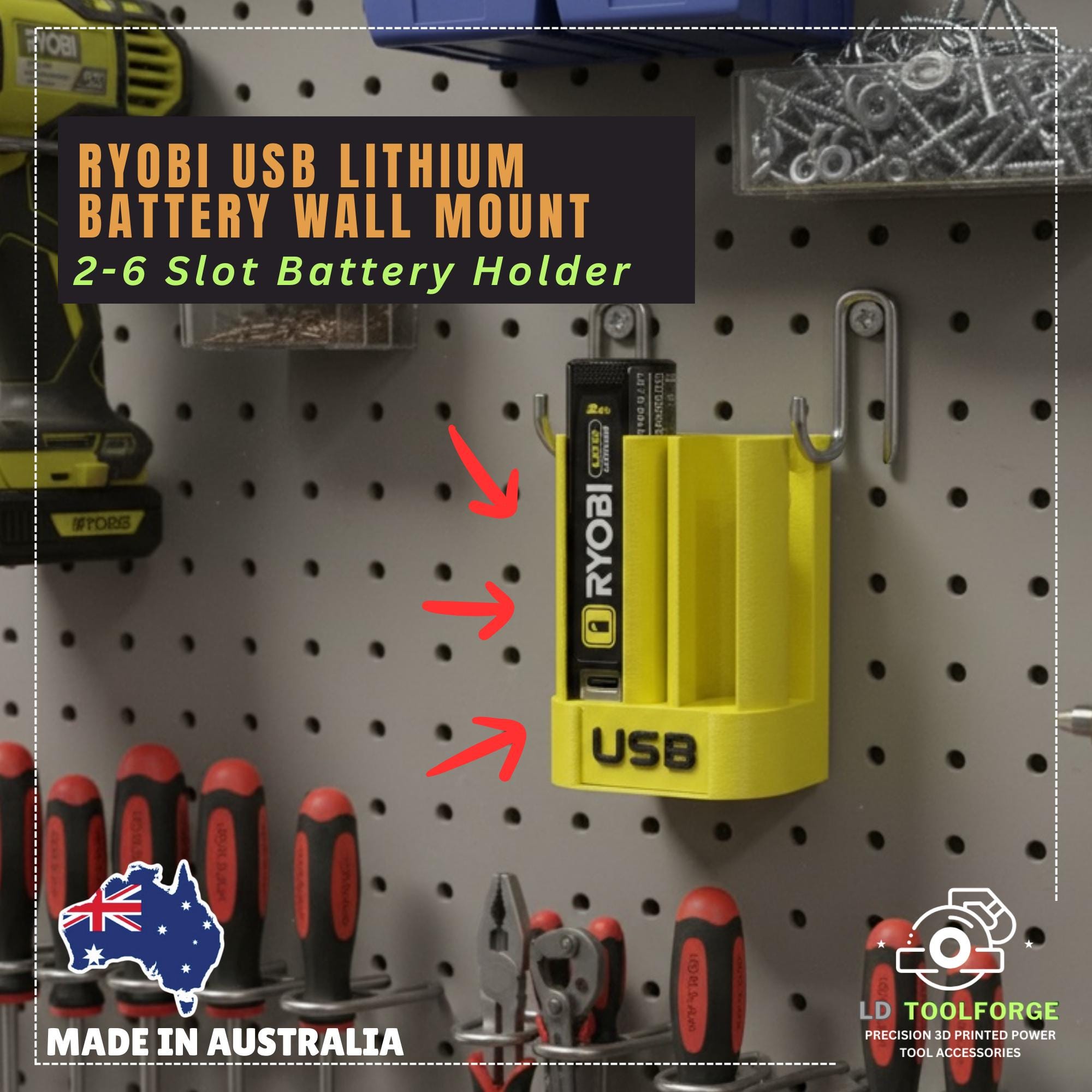 3D Printed Ryobi 4V USB Lithium Battery Holder Wall Mount | 2 3 4 5 6 Slot Options | Compatible with Ryobi Power Cells