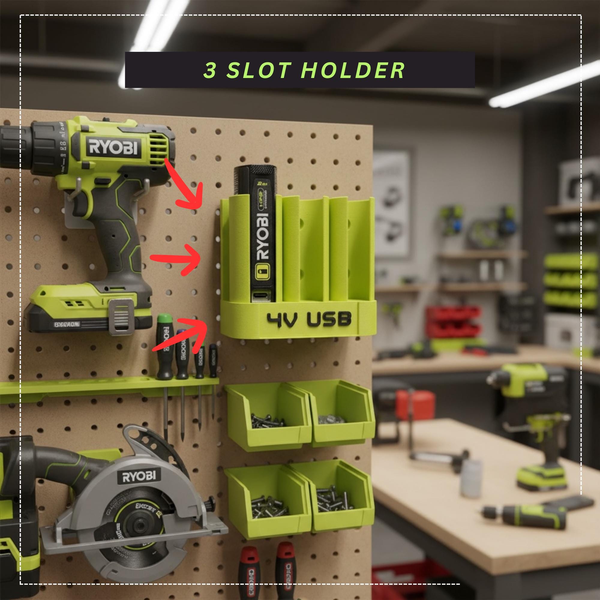 3D Printed Ryobi 4V USB Lithium Battery Holder Wall Mount | 2 3 4 5 6 Slot Options | Compatible with Ryobi Power Cells