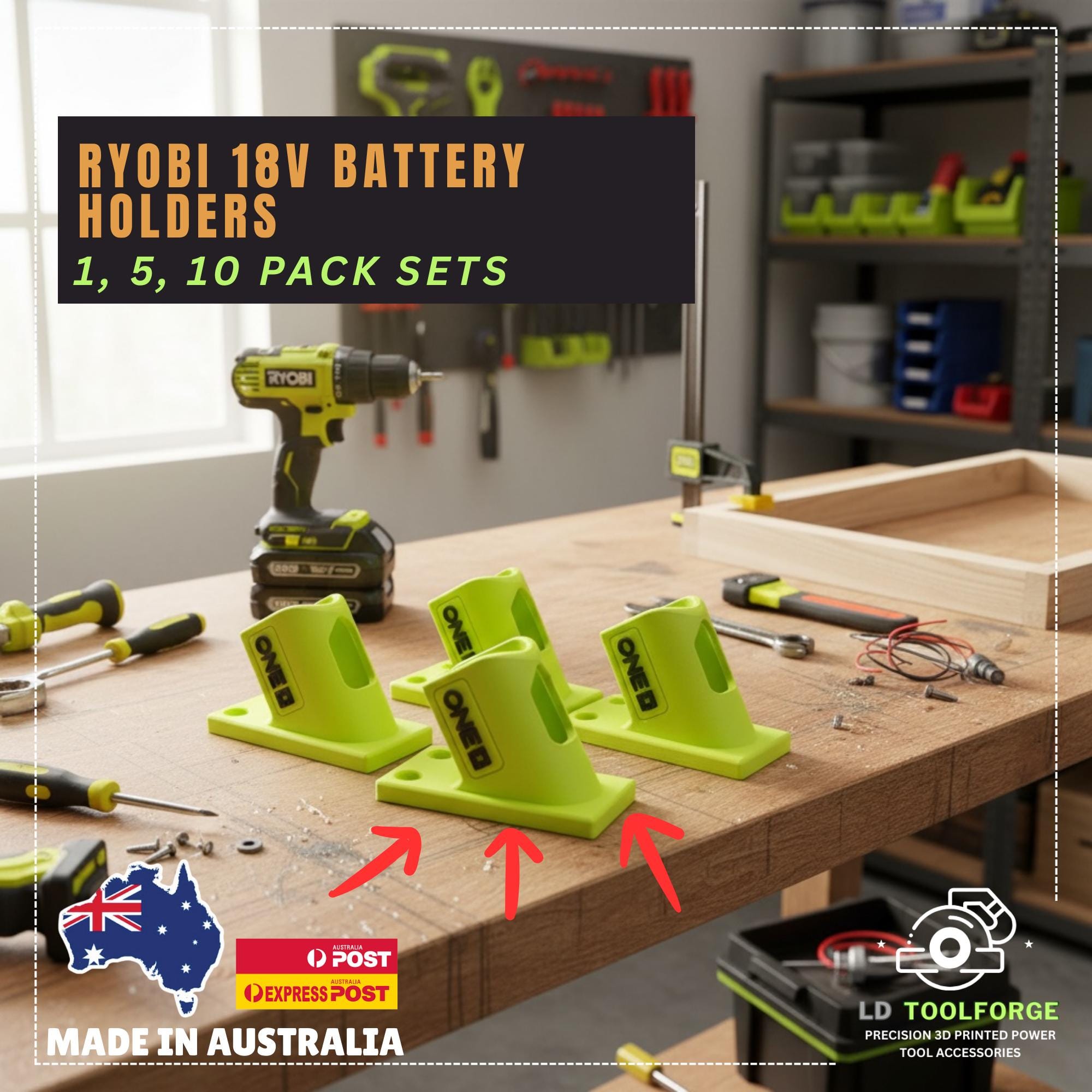 Ryobi One+ 18V Battery Holders | Wall Mount Tool Organizer | Ryobi Battery Storage Rack | 3D Printed Holder | Workshop Organisation